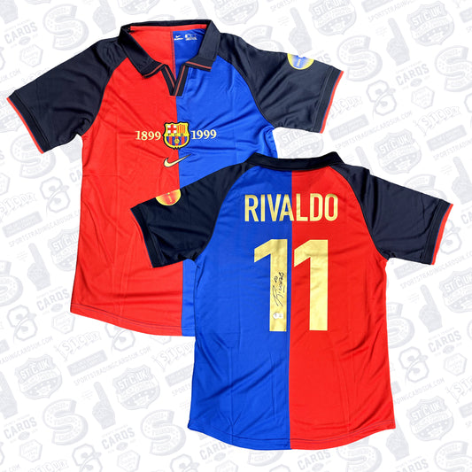 RIVALDO SIGNED FC BARCELONA HOME SOCCER JERSEY #11