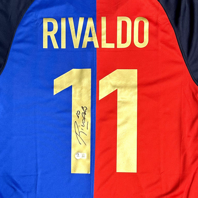 RIVALDO SIGNED FC BARCELONA HOME SOCCER JERSEY #11