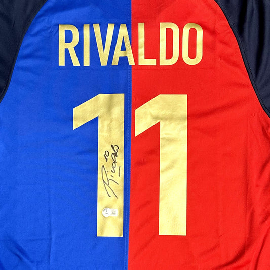 RIVALDO SIGNED FC BARCELONA HOME SOCCER JERSEY #11